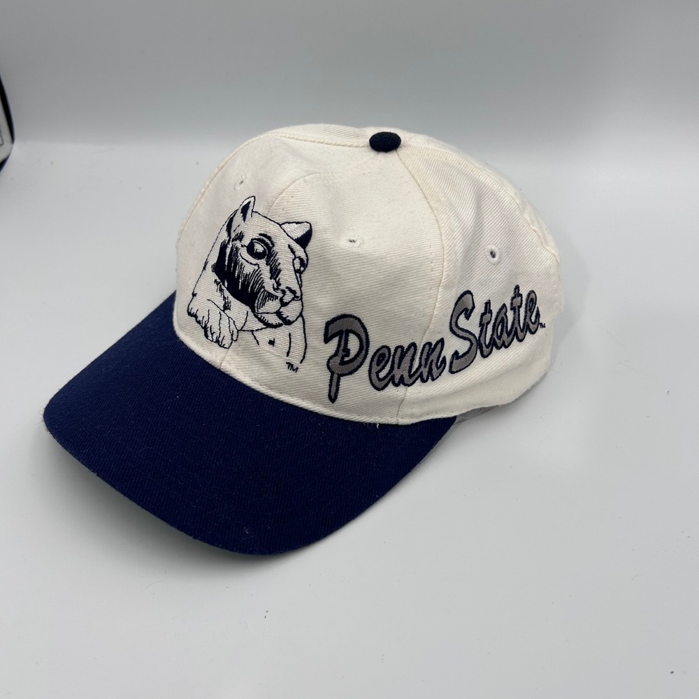 Vintage Penn State Nittany Lions Apex Snapback Hat Cream Navy Blue 90s NCAA Cap